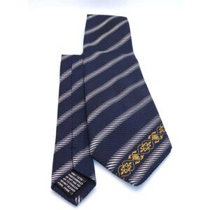 Gianni Versace Navy Blue & White Striped Silk Tie Gold Floral Pattern Old Money